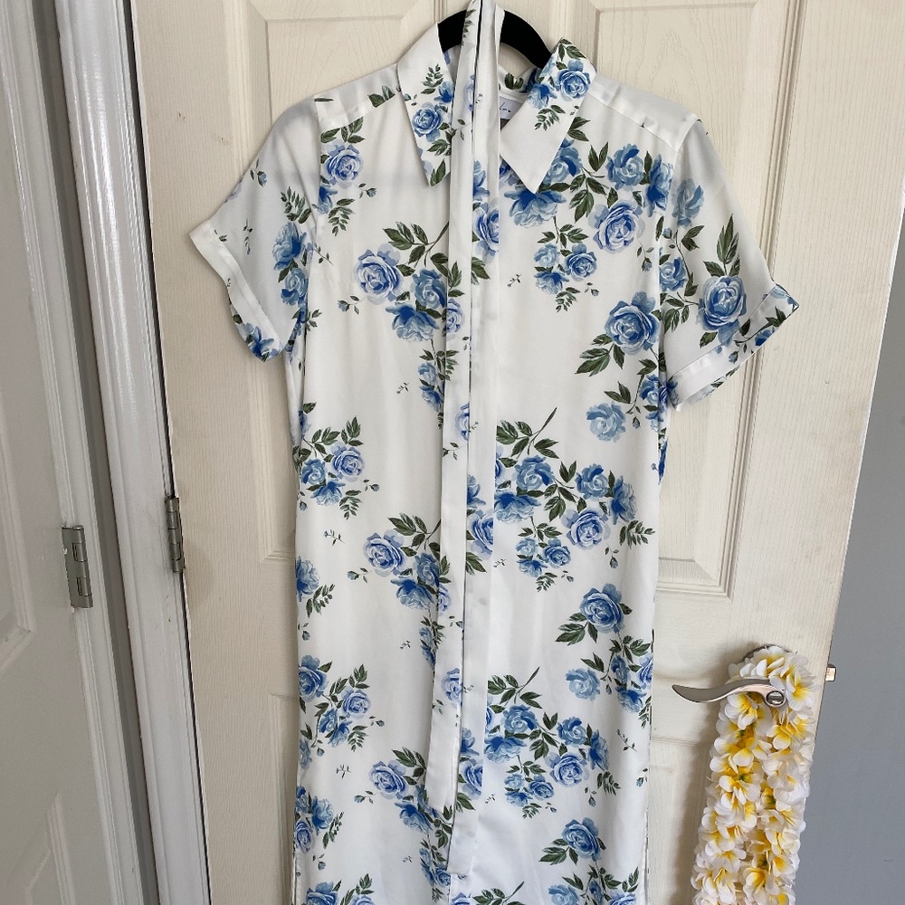 Blue rose, white shirt dress